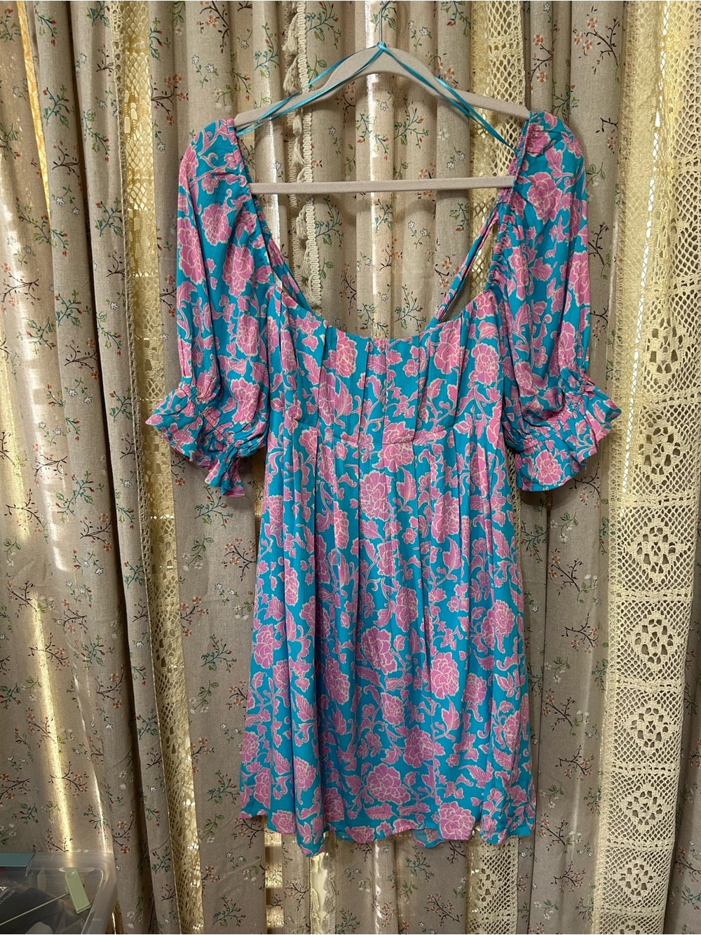 Promesa Floral Babydoll Mini Dress Open Back Puff Sleeve M
